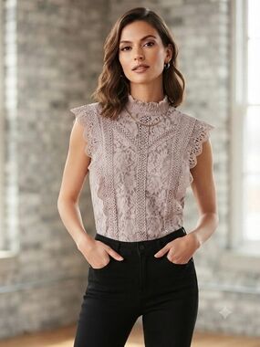 Cable & Gauge Dusty Rose Lace Mock Neck Sleeveless Top